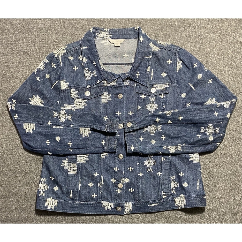 Laura Ashley Women's Denim Jacket Plus XL Embroidered Aztec Wearable Art Blue